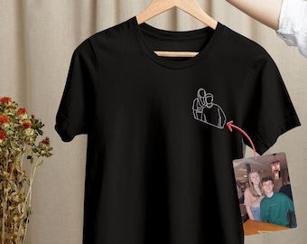 Outline Portrait Embroidered T Shirt, Custom Line Art Portrait from Photo Shirt, Personalised Family Photo Dad Shirt, Birthday Memorial Gift