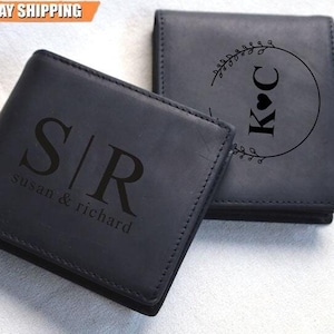 Portafoglio in pelle da uomo inciso, portafoglio bifold con monogramma personalizzato, regali per lo sposo, per sempre tuo, regali per San Valentino, regalo per fidanzato