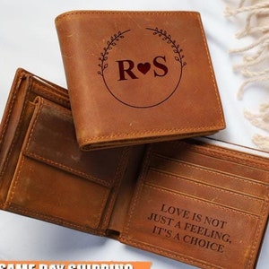 Cartera de cuero personalizada con dos pliegues, cartera con monograma grabado personalizado para hombres, regalos para San Valentín, aniversarios, padrinos de boda, regalo para novio
