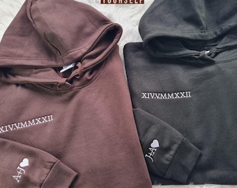 Custom Roman Numeral Embroidered Hoodie, Memorial Couple Anniversary Date Hoodie, Valentines Day Matching Tops for His/Hers, Boyfriend Gifts