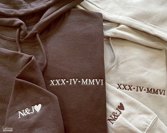 Custom Roman Numeral Embroidered Hoodie, Personalised Special Date Matching Couples Hoody, Anniversary Wife Jumper, Boyfriend Birthday Gift