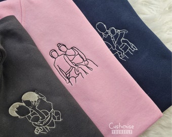 Custom Embroidered Matching Hoody, Personalised Sketch From Photo Hoodie, Family portrait Photo Jumper, Couple Initial Matching Custom Tops