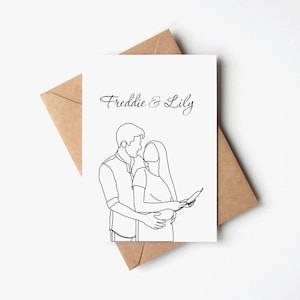 Tarjetas de felicitación de cumpleaños con arte lineal personalizado, boceto personalizado a partir de una tarjeta de impresión fotográfica, tarjetas de aniversario con nombres de pareja, regalo de cumpleaños
