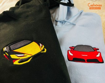 Embroidered Cars Sketch from Photo Hoodie, Custom Car Portrait Matching Hoody, Cars Lover Couple Outfits, Unique Photo Memorial Car Guy Gift