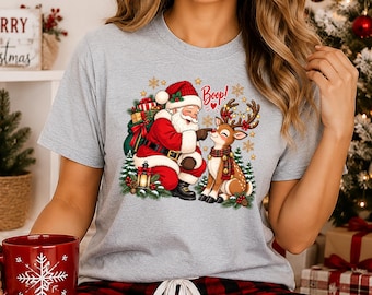 Santa Boop Christmas T-Shirt, Cute Reindeer Holiday Graphic Shirt, Festive Bow and Lights Xmas Tee, Xmas Women's Party Top, Christmas Gifts