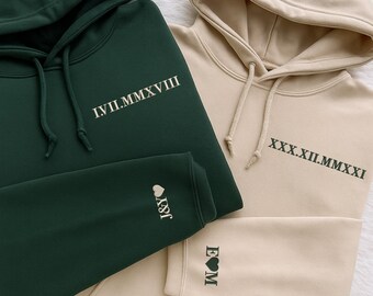 Embroidered Roman Numeral Hoodie, Custom Wedding Date Matching Hoodie, Initial with Heart on Sleeve Jumper, Anniversary & Valentine Day Gift