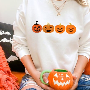 Halloween Pumpkin Sweatshirts, Winking Pumpkins Printed Sweater, Halloween Jumper, Spooky Season Outfits, Family Halloween Night Party Gifts