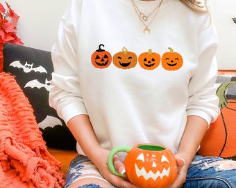 Halloween Pumpkin Sweatshirts, Winking Pumpkins Printed Sweater, Halloween Jumper, Spooky Season Outfits, Family Halloween Night Party Gifts