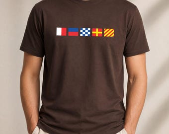 Personalised Nautical Flags Shirt, Custom Captain Name Tee, Maritime Flag Printed T-Shirt, Gift for Boat Lover, Unisex Sailling Gift Top