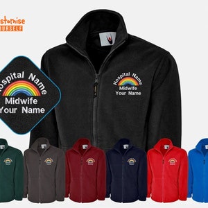 May include: Black fleece jacket with a rainbow and the text "Hospital Name Midwife Your Name" embroidered on the front. The jacket is available in a variety of colours, including green, grey, red, blue, and royal blue.