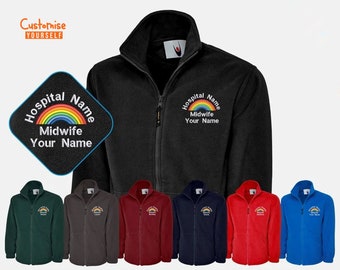 Personalised Logo Embroidered Nurse Fleece Jacket, Custom Name Rainbow Monogram Zip Up Jacket, Healthcare Workers Uniforms, Gifts For Doctor