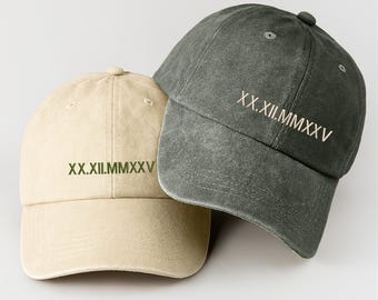 Benutzerdefinierte römische Ziffer Vintage Caps, gestickte Baseballmütze, personalisierte Mütze, Jubiläumsgeschenk für ihn sie, besondere Datumsgeschenke für Paare