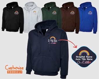 Embroidered Medical Logo Zip Hoodie, Personalised Hospital/Department Name Rainbow Design Jumper, Healthcare Worker Uniform, Gift for Doctor