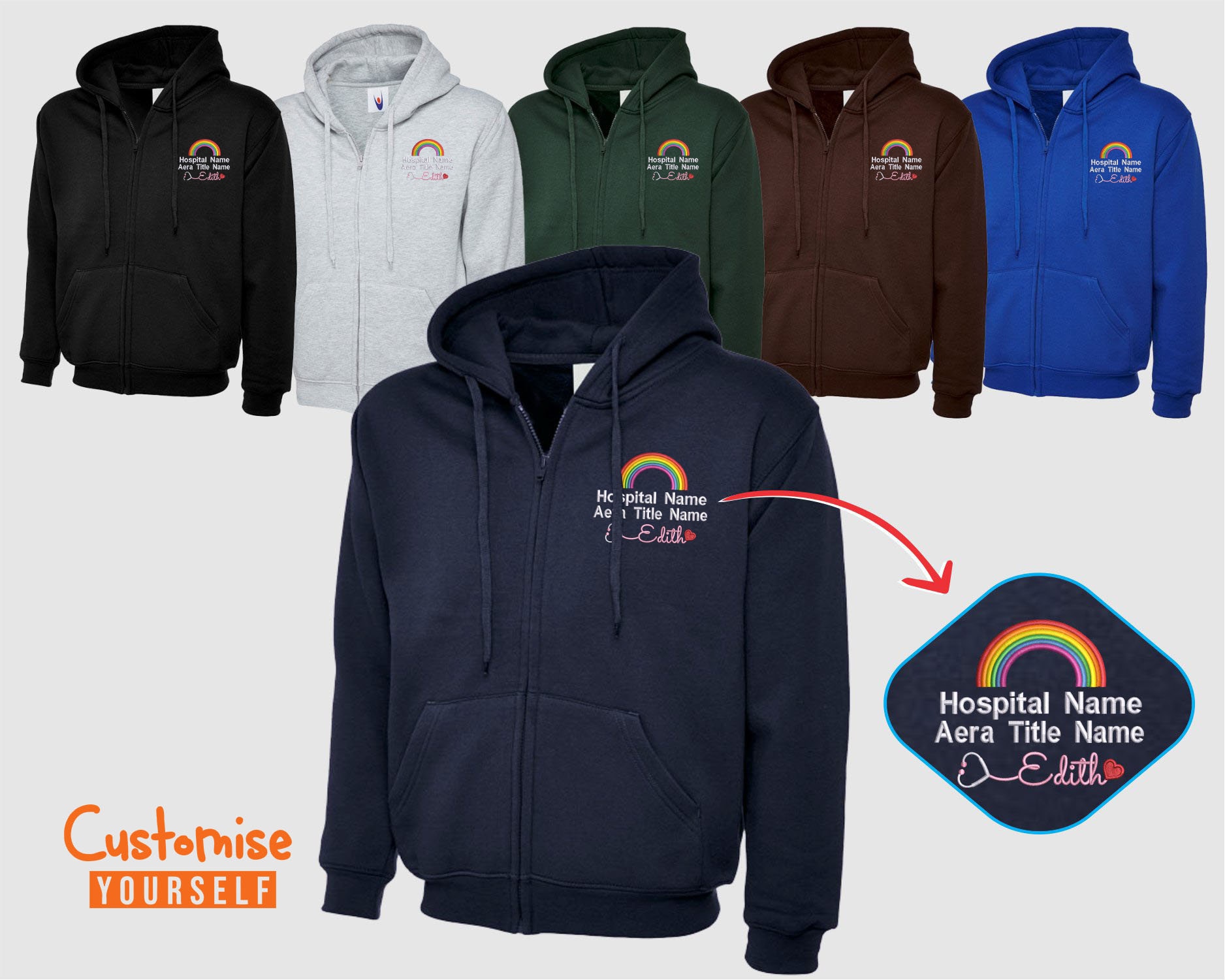 Personalised Rainbow Healthcare Zip up Hoodie, Hospital/Department Name Embroidered Hoodie, Custom Healthcare Workers Uniform, Nurses Gifts