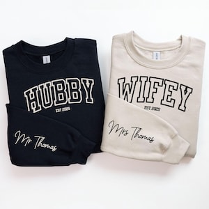 Personalized Mr and Mrs Sweatshirt, Custom Matching Wifey & Hubby Sweaters, Newlywed Gifts, Custom Couple Jumpers, Bridal Shower Presents