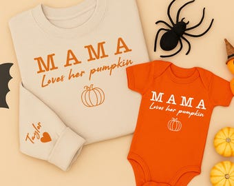 Moletom Mama Loves Her Pumpkin, gola redonda combinando para mãe e filhos, suéteres de outono com estampa de Halloween, presentes de outono para a temporada de abóboras