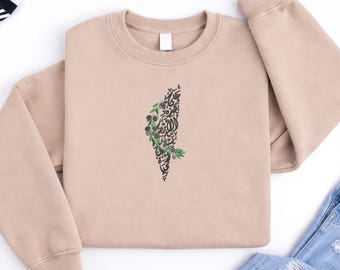 Palestine Map Embroidered Sweatshirt, Palestine Arabic Flowers Sweaters, Unisex Pullover Palestine Crewneck Jumpers, Adults Comfy Outfits
