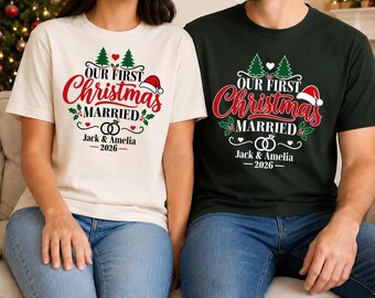 Our First Christmas Married T-Shirt, Personalized Mr and Mrs Shirt, Custom Couple Name Newlywed Xmas Tee, Matching Wedding Holiday Gifts