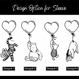 May include: Black and white line art designs featuring cartoon characters holding heart-shaped balloons. The designs include a tiger, bear, pig, and donkey. Text at the top reads "Design Option for Sleeve". Each design is labeled with a number.