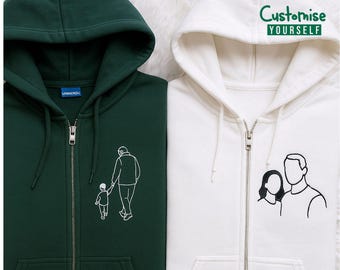 Embroidered Sketch Portrait Zip Hoodie, Personalised Outline Photo Dad Zipper Hoodies, Memorial dad Keepsake Jumper, Father's Day Gifts