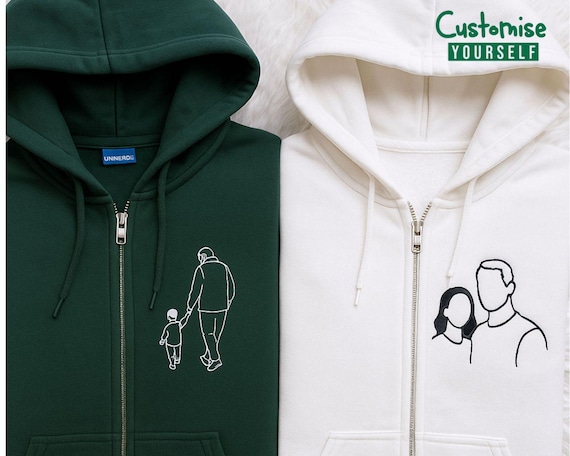 Embroidered Sketch Portrait Zip Hoodie, Personalised Outline Photo
