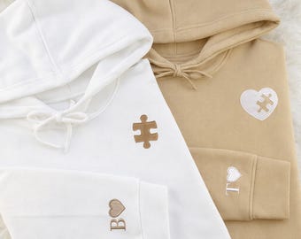 Personalised Heart and Puzzle Piece Hoodies, Embroidered Roman Numerals Matching Hoodie, Valentines Day Couples Gift, Gift fro His and Her