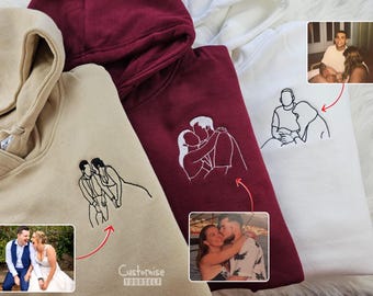 Personalised Embroidered Sketch Hoodie, Portrait from Photo Outline Hoody, Custom Faceless Portrait Couple Jumper, Anniversary Memorial Gift