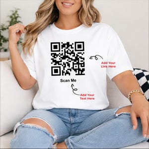 T-shirt met gepersonaliseerde QR-code, Scan Me-shirt, T-shirt met aangepaste link en QR-code, promotieshirt voor bedrijven, grappig cadeau-shirt met QR-code voor sociale media
