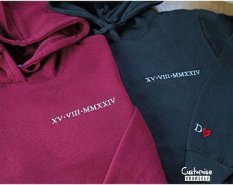 Roman Numeral Embroidered Hoodie, Custom Anniversary Wife Jumper, Personalised Special Date Matching Couples Hoody, Boyfriend Birthday Gift