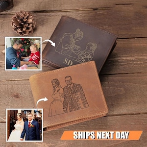 Cartera plegable de cuero personalizada, cartera para hombre con foto grabada, cartera de cuero premium, regalo de aniversario para él, regalos para el Día del Padre