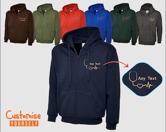 Personalised Embroidered Nurse Zip UP Hoodies, Custom Any Text Monogrammed Hoody, Medical Student Health Worker Uniform, Gift for Doctors