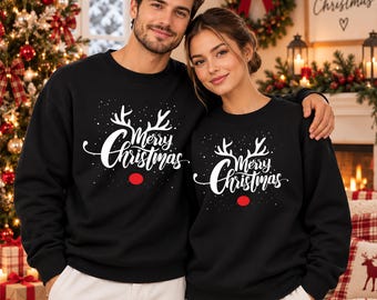 Merry Christmas Sweatshirt, Christmas Reindeer Antlers Sweatshirt, Xmas Holidays Family Matching Printed Jumpers, Christmas Eve Party Tops