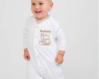 Personalised Baby First Eid Sleepsuit, My First Eid Romper, Custom Islamic Baby Outfits, Baby Eid Mubarak Onesie®, Newborn Baby Muslim Gifts