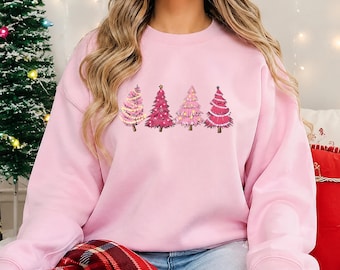Pink Tree Christmas Sweatshirt, Christmas Lights Trees Jumper,  Holiday Womne's Sweater, Festive Winter Pullover, Christmas Family Gifts