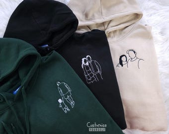 Embroidered Sketch Photo Matching Hoodies, Personalized Couple Hoody, Customised Faceless Portrait Family Hoodie, Birthday/Anniversary Gifts
