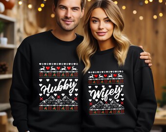 Christmas Couple Matching Ugly Jumper, Wifey & Hubby Christmas Crewneck Sweaters, Christmas Mr Mrs Printed Jumper, Xmas Sweater, Xmas Gifts