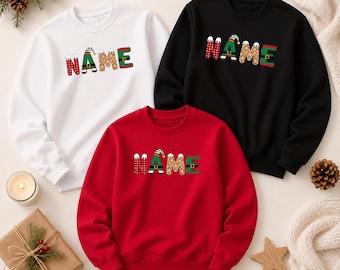 Custom Christmas Name Sweatshirt, Personalized Matching Name Sweater, Elf Santa Holiday Crewneck Jumper, Xmas Family Gift, Christmas Outfits