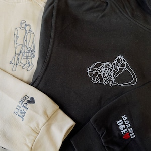 Photo Embroidered Initial Couple Matching Hoodie, Outline Portrait Sketch from Photo Sweatshirt, Anniversary Wedding Wife Jumper, GF BF Gift