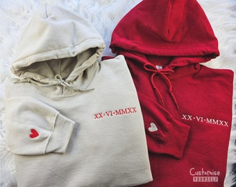 Roman Numeral Matching Hoodie, Custom Embroidered Couple Hoody, Personalised Initial Anniversary Date Jumper, Long Relationship couple Gift