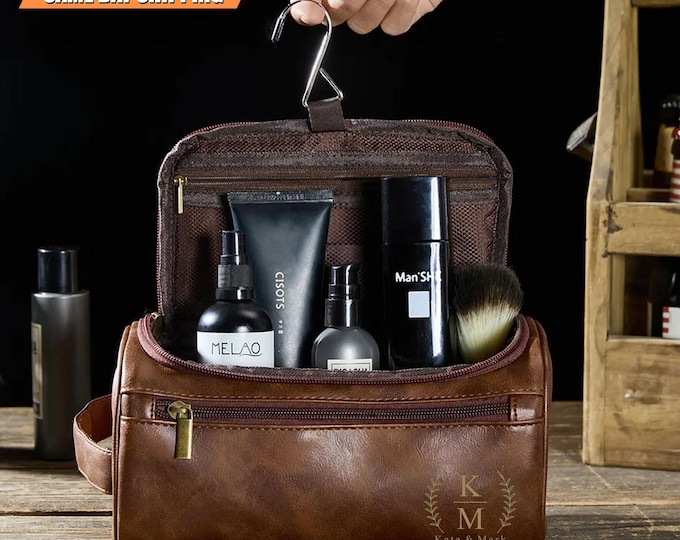 Personalized Leather Toiletry Bag for Men, Monogram Travel Dopp Kit for Dad, Custom Fathers Day Gift, Grooming Bag, Anniversary Gift for Him