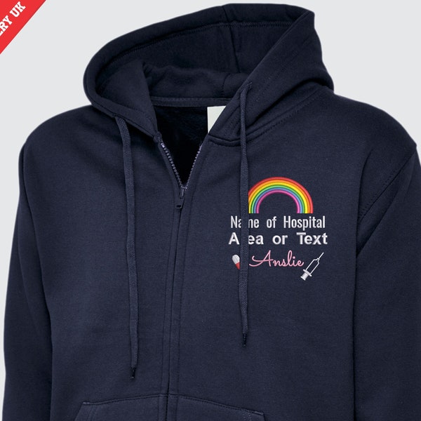 Embroidered Rainbow Healthcare Design Zip Hoodie, Custom Hospital/Department Name Hooded Jumper, Student Doctor Nurses Medial Staff Outfits