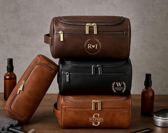 Personalised Dad Leather Toiletry Bags, Father's Day Engraved Bags, Monogram Groomsmen/ Husband/ Dad Travel Toiletry Bags, Gifts for New Dad