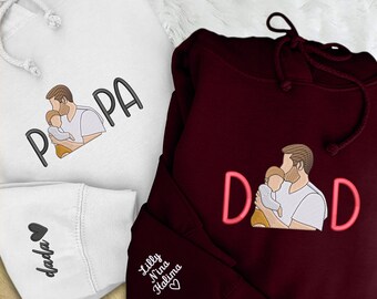 Custom Sketch Embroidered Photo Hoodie, Personalised Faceless Portrait Sketch Dad Hoody, Daddy Matching Picture Hoodies, Father's Day Gifts