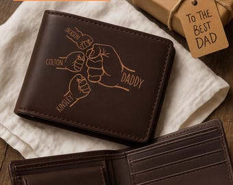 Personalised Dad Fist Bump Leather Wallets, Custom Engraved Father's Day Gift Wallet, Kids' Names Wallets, New Dad Presents, Gift for Daddy
