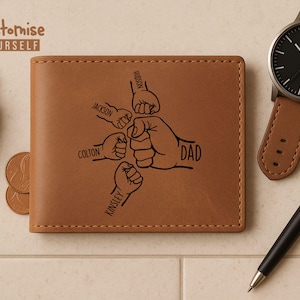 Dad Fist Bump Leather Wallets, Personalised Engraved Father's Day Wallets for Dad, Kids' Names Fist bump Wallets, New Dad Gift, Gift for Dad