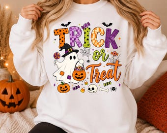 Trick or Treat Halloween Sweatshirt, Cute Ghost Halloween Crewneck, Spooky Season Pumpkin Sweater, Autumn Womens Jumper, Halloween Gift Idea