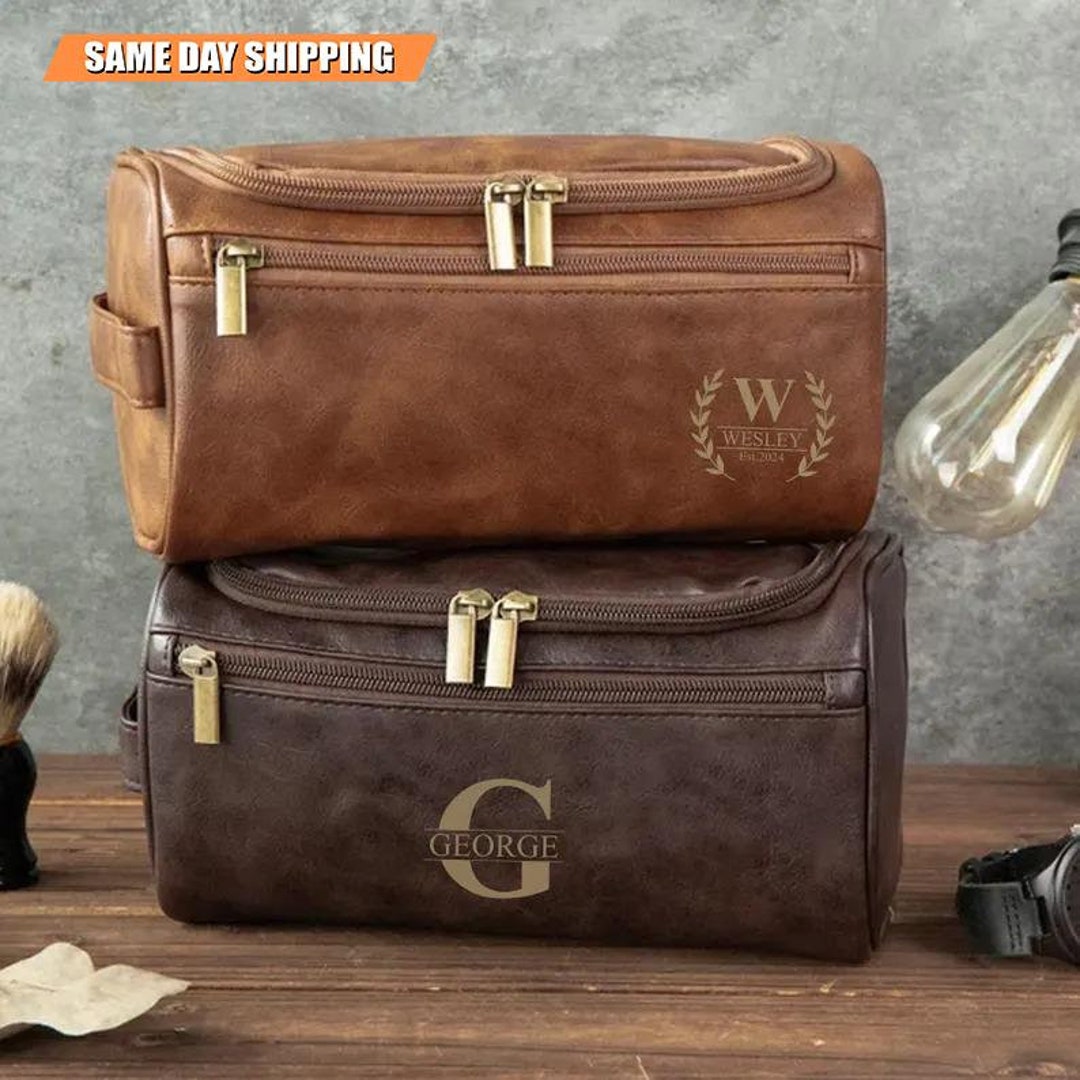 Personalised Mens Leather Toiletry Bag, Custom Engraved Dopp Kit ...