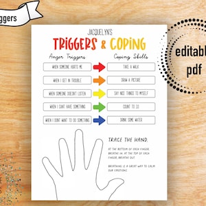 May include: A printable worksheet with a rainbow hand and text that says "Triggers & Coping". The worksheet is divided into two sections: "Anger Triggers" and "Coping Skills". Each section has five bullet points with arrows pointing to the right. The worksheet also includes a section titled "Trace the Hand" with instructions on how to breathe in and out at the bottom of each finger.