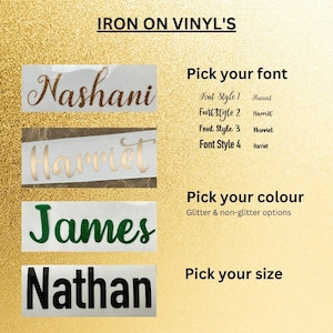 Vinilo termoadhesivo con nombre para planchar: ropa personalizada para hacer tú mismo, para tela, cumpleaños, despedidas de soltero, bebés, bodas, fiestas, manualidades