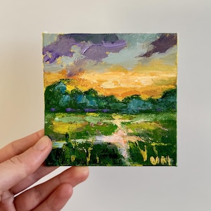 Pintura al óleo original con técnica impasto de puesta de sol: cielo texturizado, nubes, paisaje - Lienzo de 4x4 pulgadas para pared.